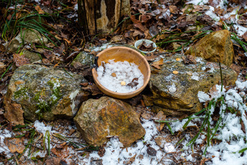 Russia - November 2015: Slavic pagan temple in the forest. Ritual bowl on the stones