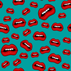 Female lips. Mouth with a kiss, smile, tongue, teeth and kiss me lettering on background. Vector comic seamless pattern in pop art retro style. Abstract seamless pattern for girls, boys, clothes.
