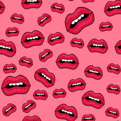 Female lips. Mouth with a kiss, smile, tongue, teeth and kiss me lettering on background. Vector comic seamless pattern in pop art retro style. Abstract seamless pattern for girls, boys, clothes.