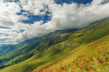 Fototapeta na wymiar Meadow on mountain of Arkhyz. The beautiful summer landscape with cloudy sky and Caucasus mountain. Mountain range scenic landscape.