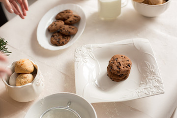 gingerbread in a white plate. chocolate chip cookies. dessert. candy