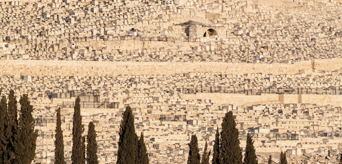 Panoramic view of Ancient Jewish cemetery on the Mount of olives in Jerusalem