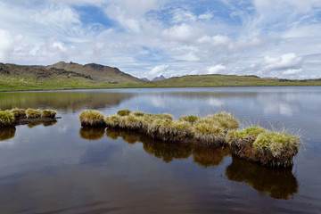 Fototapeta premium On the banks of beautiful Andean lagoon located more than 4000 meters above sea level. Purity and tranquility.