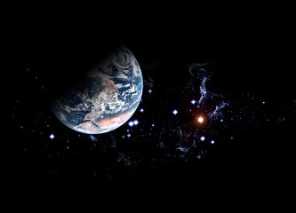 Planet Earth among deep dark space with stars and nebulae. Elements of this image furnished by NASA.