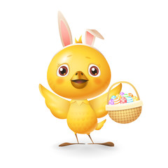 Cute little chicken with bunny ears and knitted basket with eggs celebrate Easter - isolated on white background