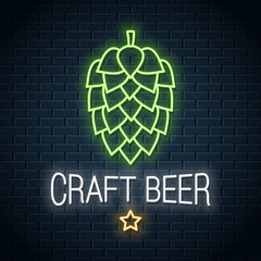 Beer hop neon logo. Craft beer neon sign on wall