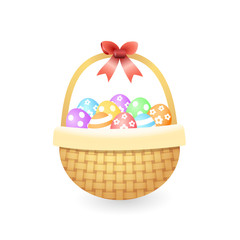 Knitted basket with colorful easter eggs - isolated on white vector illustration