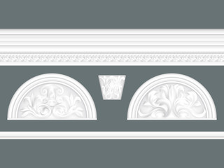 White classic relief and cornice set isolated, architectural elements set