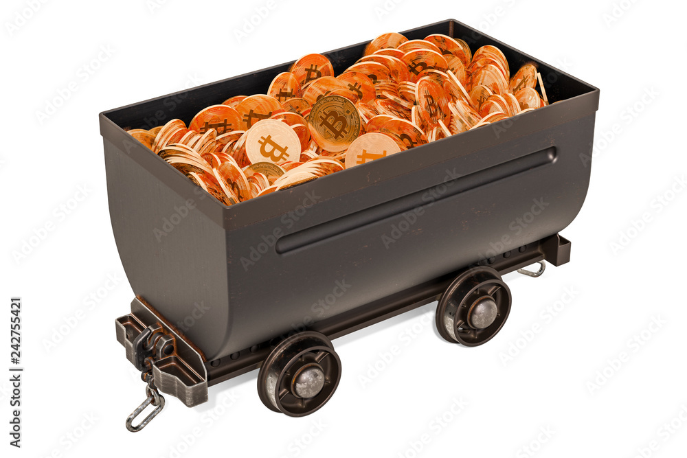 Poster bitcoin mining concept. mine cart full of bitcoins, 3d rendering