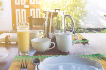 Beautifully served breakfast on sunny terrace, hotel, resort
