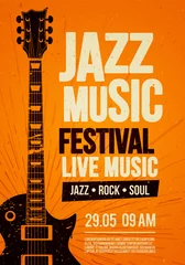 Foto auf Acrylglas Vector Illustration poster flyer design template for Rock Jazz festival live music event with guitar in retro style on red background © Black White Mouse