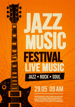 Vector Illustration poster flyer design template for Rock Jazz festival live music event with guitar in retro style on red background
