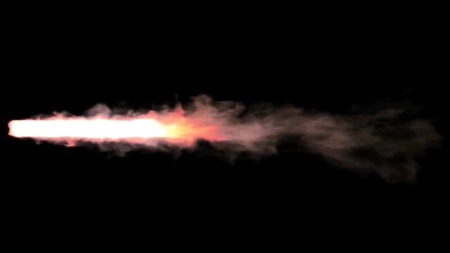 Animated intense stream of fire as if from broken or exploded jet engine or flying rocket burning solid fuel. More dense smoke and fire. Black background, mask included.