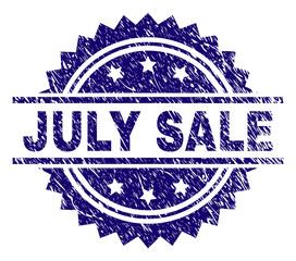 JULY SALE stamp seal watermark with distress style. Blue vector rubber print of JULY SALE label with corroded texture.