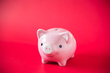 pink piggy bank on red background