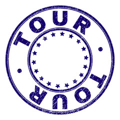 TOUR stamp seal imprint with grunge texture. Designed with round shapes and stars. Blue vector rubber print of TOUR caption with grunge texture.