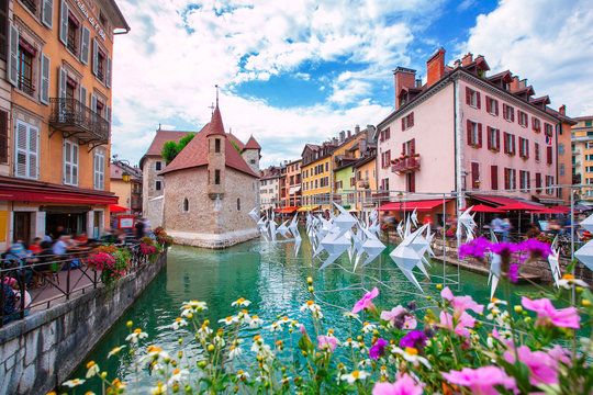 Medieval city of Annecy in the valley of the French Alps France.