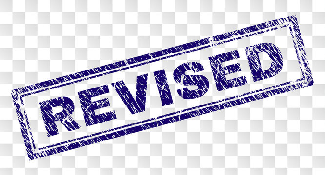 REVISED stamp seal print with rubber print style and double framed rectangle shape. Stamp is placed on a transparent background. Blue vector rubber print of REVISED text with retro texture.