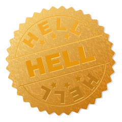 HELL gold stamp badge. Vector gold medal with HELL text. Text labels are placed between parallel lines and on circle. Golden area has metallic structure.