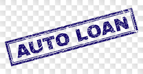 AUTO LOAN stamp seal imprint with rubber print style and double framed rectangle shape. Stamp is placed on a transparent background. Blue vector rubber print of AUTO LOAN title with dirty texture.