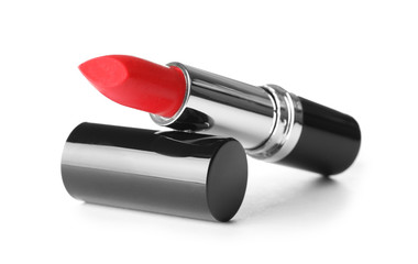 Bright lipstick on white background. Professional makeup product