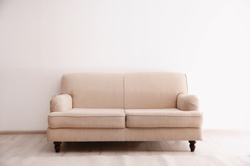 Simple living room interior with comfortable sofa near white wall