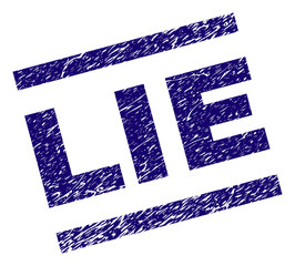 LIE seal print with scratced style. Blue vector rubber print of LIE text with dirty texture. Text tag is placed between parallel lines.