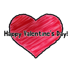 Happy Valentine's Day vector heart design with a hand drawn illustrated style and scribbled red color heart isolated on a white background