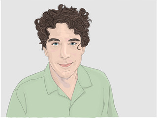Hand drawn illustration. Portrait of an attractive thirty something man with a kind face and long, curly hair.	