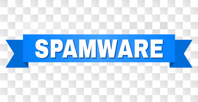 SPAMWARE text on a ribbon. Designed with white title and blue tape. Vector banner with SPAMWARE tag on a transparent background.