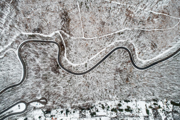 Winter road turns from above