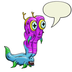 Crazy strange space alien or monster with speech bubble. Original colored illustration