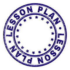 LESSON PLAN stamp seal watermark with grunge style. Designed with round shapes and stars. Blue vector rubber print of LESSON PLAN caption with grunge texture.