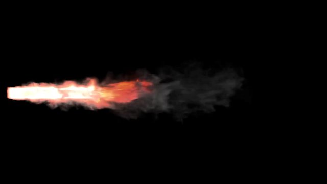 Animated bursting fire or intense flame as if from broken or exploded jet engine or flying rocket burning solid fuel. More dense smoke and fire. Black background, mask included.