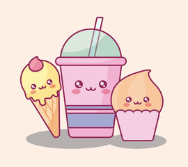 plastic cup with straw and ice cream kawaii characters