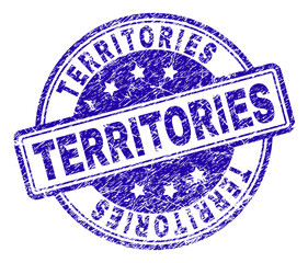 TERRITORIES stamp seal watermark with grunge effect. Designed with rounded rectangles and circles. Blue vector rubber print of TERRITORIES tag with grunge texture.