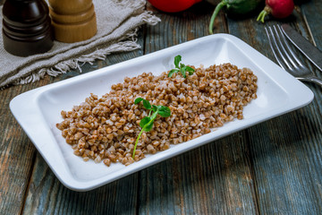 Boiled buckwheat in a plate