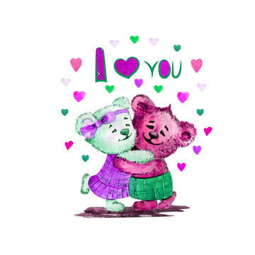 Illustration of cute bears. Watercolor. Love. Heart. Illustration for Valentine's Day. purple