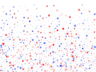 Flying red blue white star sparkles on white vector american patriotic background.