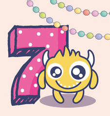 cute monster with number seven birthday card