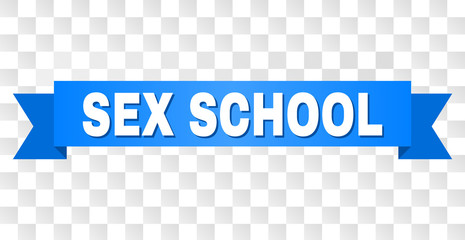 SEX SCHOOL text on a ribbon. Designed with white title and blue tape. Vector banner with SEX SCHOOL tag on a transparent background.