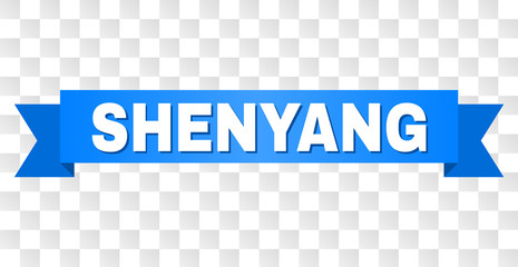 SHENYANG text on a ribbon. Designed with white title and blue stripe. Vector banner with SHENYANG tag on a transparent background.