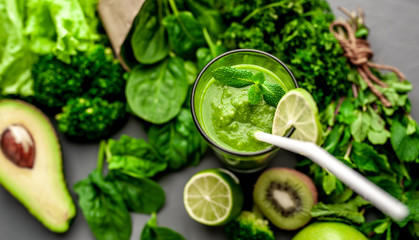 smoothie with vegetables, avocado, apple, kiwi . sports nutrition