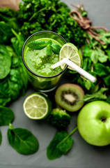 smoothie with vegetables, avocado, apple, kiwi . sports nutrition