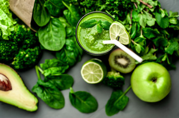 smoothie with vegetables, avocado, apple, kiwi . sports nutrition