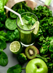 smoothie with vegetables, avocado, apple, kiwi . sports nutrition