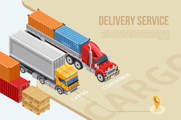 Contemporary design in isometry of trucks for cargo delivery and logistics information 