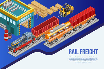 Isometric banner with colorful warehouse and railway road for delivery system presentation