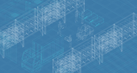 Contemporary draft design of warehouse with workers loading truck