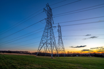 Electrical Transmission Towers and Wires at Dusk